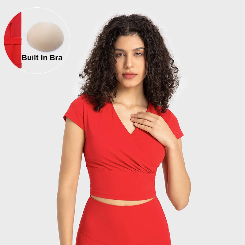 

Built In Shelf Bra Support Short Sleeve V-neck Cropped T-shirt For Women 2 in 1 Wide Hem Cross Wrap Gym Workout Sports Tops