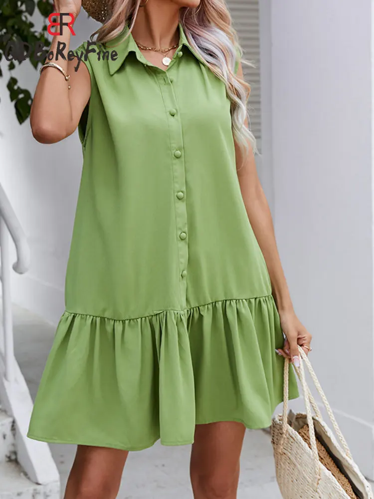 

Модное летнее женское зеленое платье на пуговицах с отложным воротником, повседневная женская офисная одежда трапециевидной формы без рукавов для отдыха