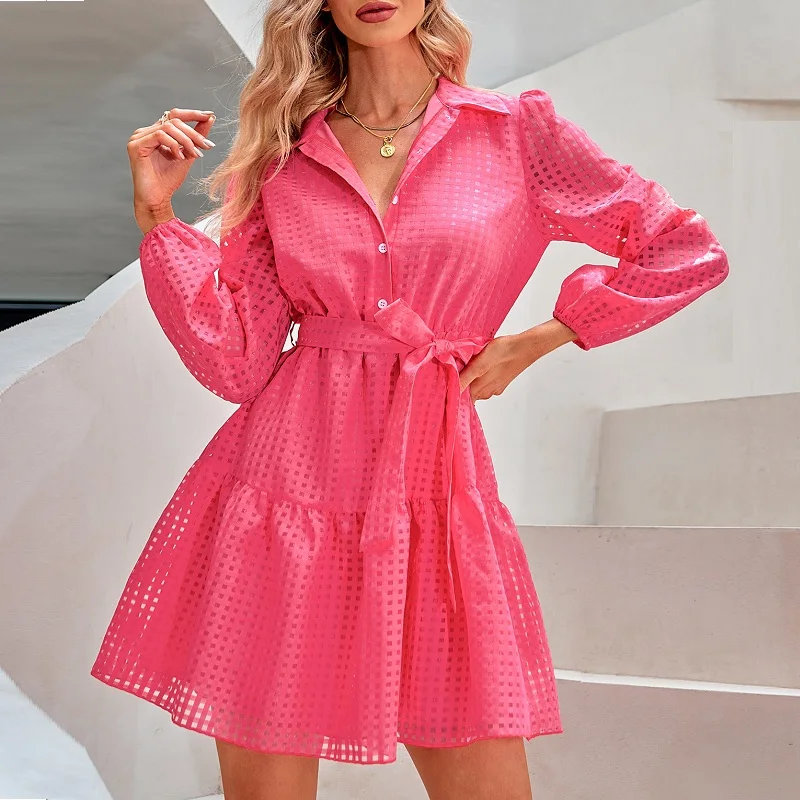 

Женское платье с длинным рукавом YEMOGGY, Новинка осени и весны 2023, однобортное приталенное однотонное ажурное клетчатое платье с отложным воротником и шнуровкой