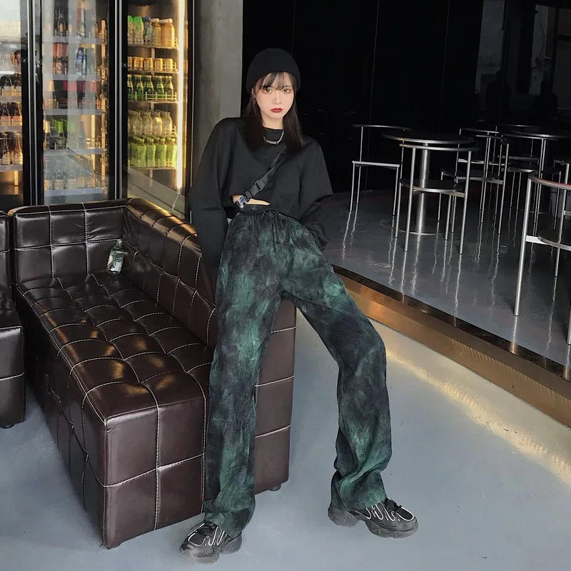 

Casual Harajuku Pants Autumn Vintage Tie-dye Korean Old Retro Tie-dye Wide-leg Pants for Men and Women Elastic Loose High Waist