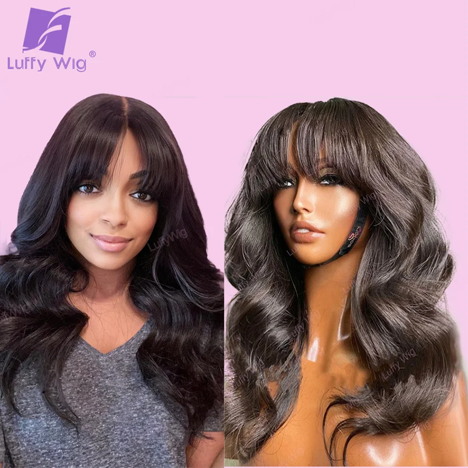 Loose Wavy Human Hair Wigs With Bangs Brazilian Remy Full Machine Made Wig Glueless 180 Density For Black Women Long Wave LUFFY