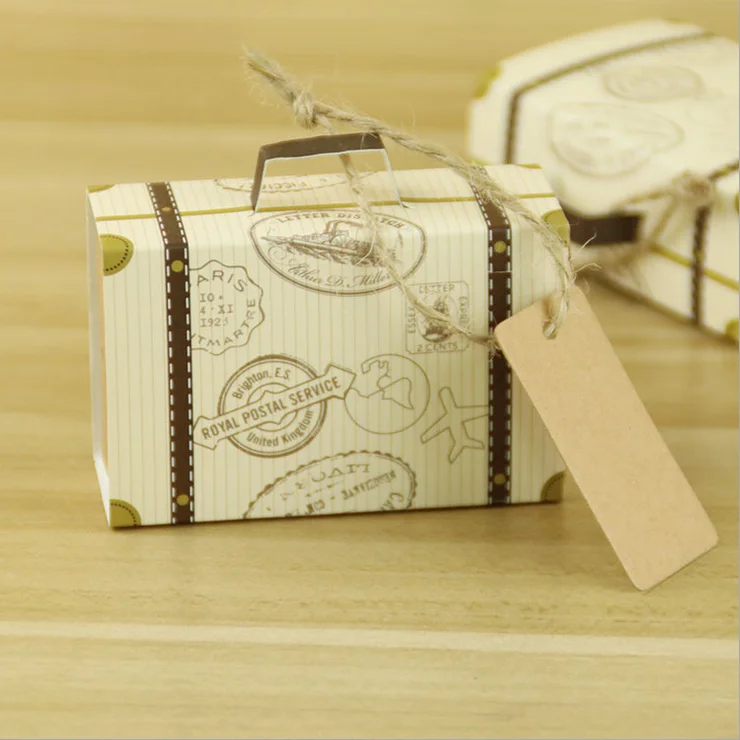

100Pcs European Style Wedding Favors Supplies Mini Suitcase Candy Boxes Party Gift Box With Tags & Ropes