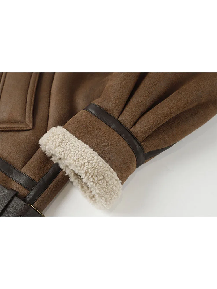 MOLAN Winter Woman  Leather Coat Warm Fashion Lambs Wool Patchwork Loose Long Sleeve Locomotive Coat Zipper Female Chic Outwear