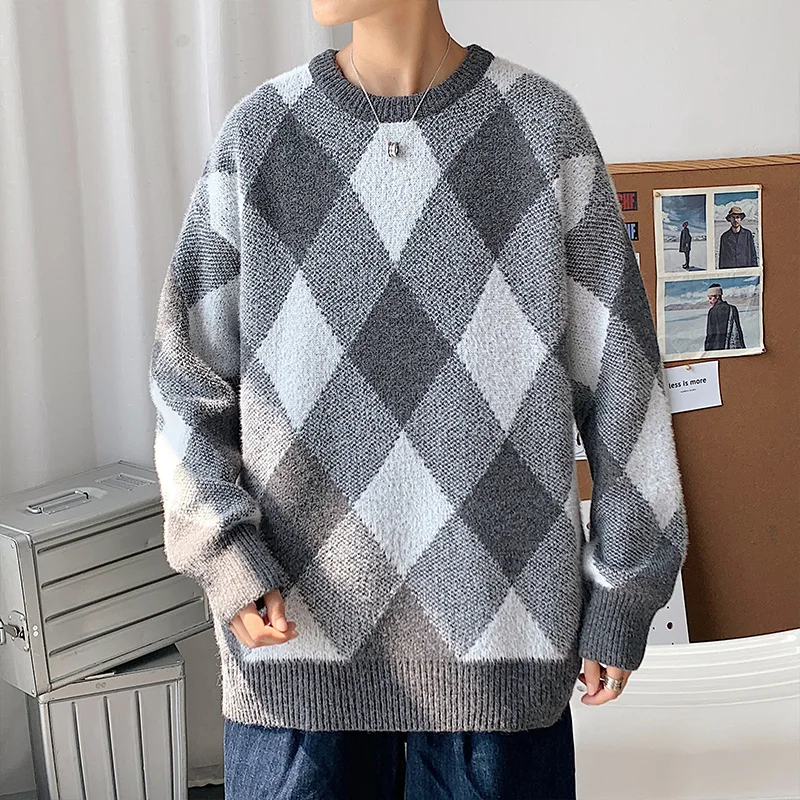 Мужской вязаный свитер в клетку с круглым вырезом | Кардиганы