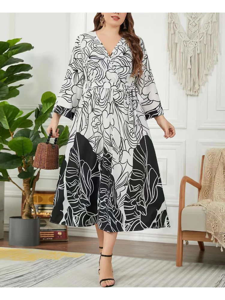 Spring and summer new temperament plus size printed skirt elastic waist dress plus size dress for women