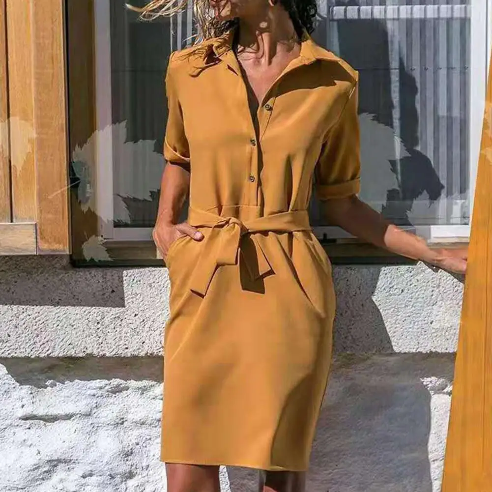 

Платье-рубашка средней длины, удобное праздничное платье-рубашка с завязкой на талии и карманами для отпуска, Повседневное платье