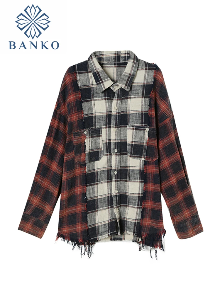 2022 Autumn Women Oversize Harajuku Plaid Shirt BF Style Y2k Long Sleeve Blouse Patchwork Tops Clothes Streetwear Design Polo