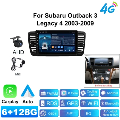 Автомобильный радиоприемник Android 2Din для Subaru Outback 3 Legacy 4 2003-2009, беспроводной Carplay, 4G, 8 ядер, GPS, аудио, 9 дюймов, 2 Din, мультимедийный плеер