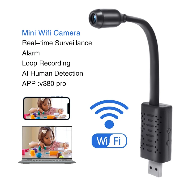 

HD Smart Mini Wifi USB Camera With 720P P2P CCTV SD Card Cloud Storage Smart IP Camera AI Human Detection V380 APP Support 64G