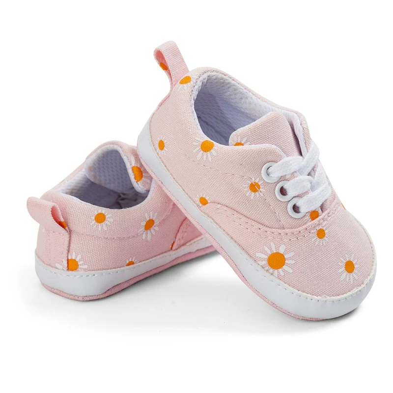

Baby Girs First Walkers Infant Cute Sunflower Pattern Soft Sole Elastic Lace-up Prewalkers Newborn Comfortable Casual Shoes