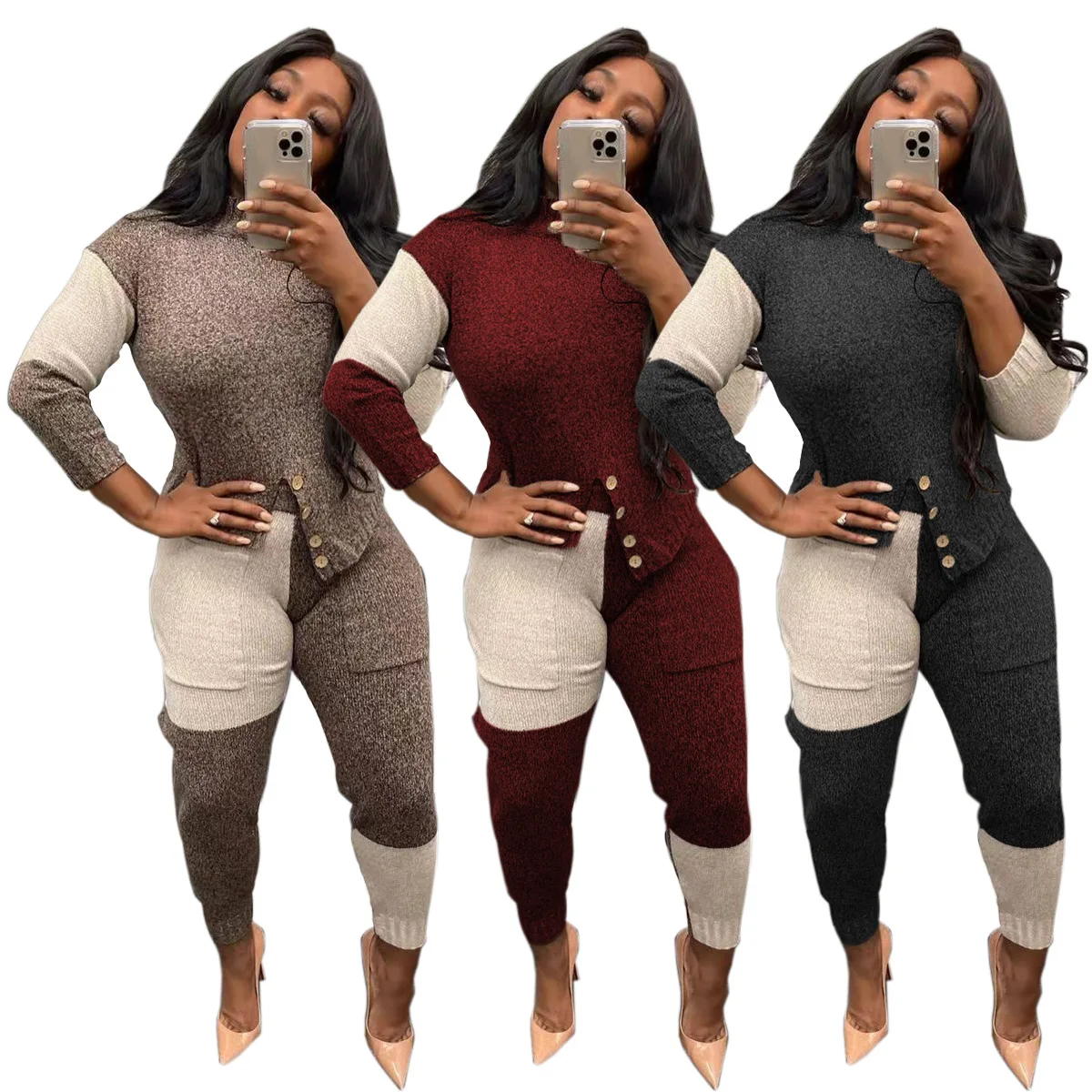 

Patchwork Sweater 2 Pieces Long Pants Sets Women Winter Clothes Long Sleeve Turtleneck Top and Pencil Pants with Pockets 2022