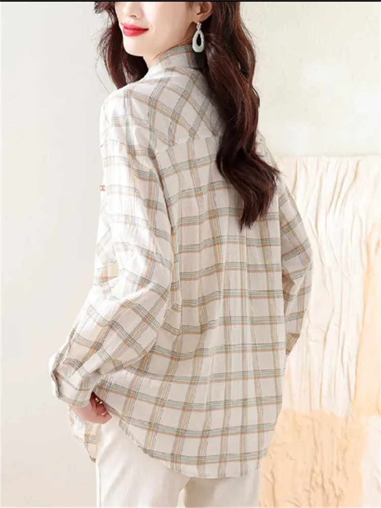 Простая блузка женская рубашка с длинным рукавом клетчатый топ из хлопковой