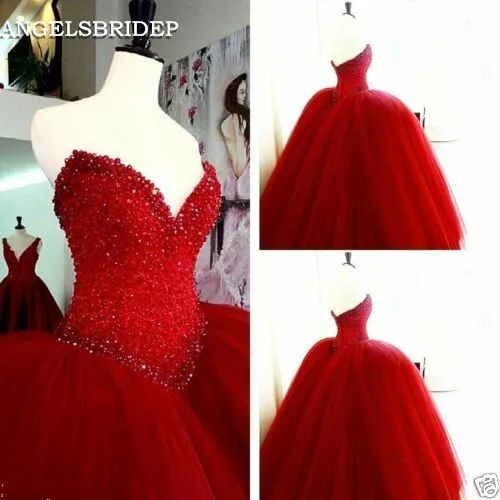 

Sweetheart Red Quinceanera Dresses Vestidos De 15 Anos Fashion Pearls Tulle Floor-Length Formal Princess Party Gown