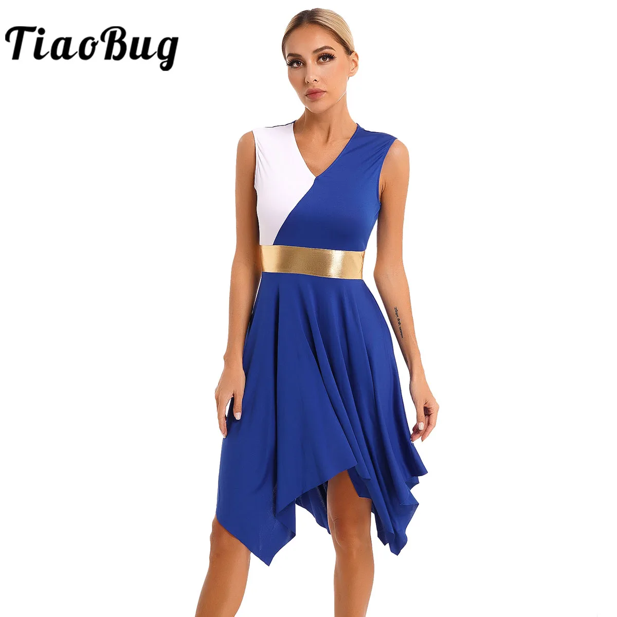 

Women Sleeveless Lyrical Dance Dress Color Block Asymmetrical Contemporary Tutu Figure Skating Ballet Leotard Dress