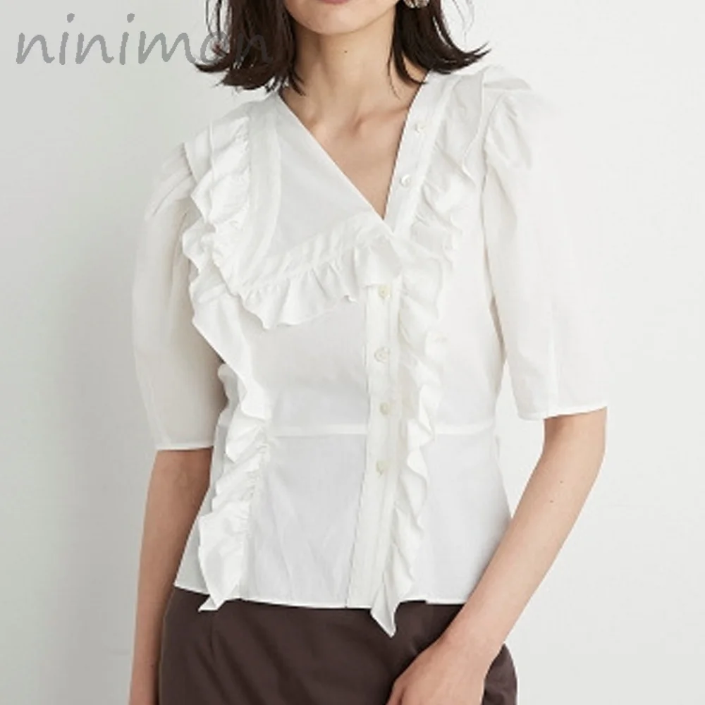 

NINIMON Office Lady Ruffles Blouse Women V Neck Short Sleeve Pullover Blusas Work Style 2022 New Loose Shirt Feminino Women Tops