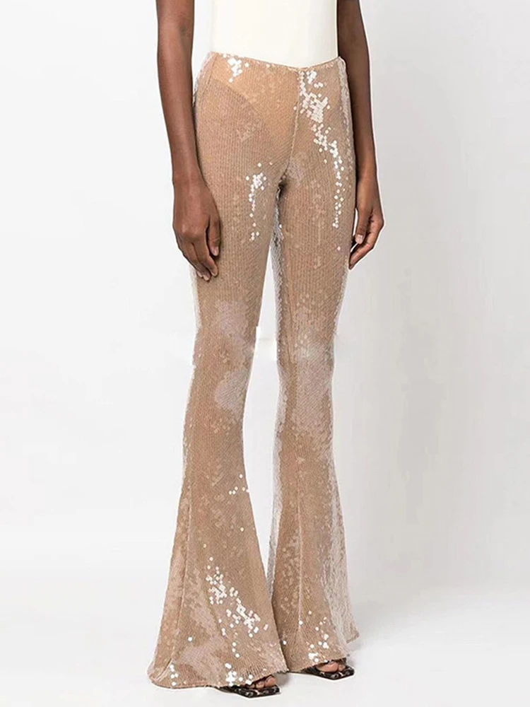 

DesireFair2023 New Women's Fashion Transparent Sequins Beaded Slim Stretch Mesh Flared Pants