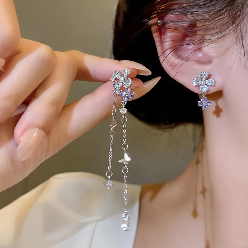 

New Asymmetric Flower Butterfly Tassel Earring For Women Shiny Zircon Opal Flowers Water Drop Long Chain Earrings Party Jewelry
