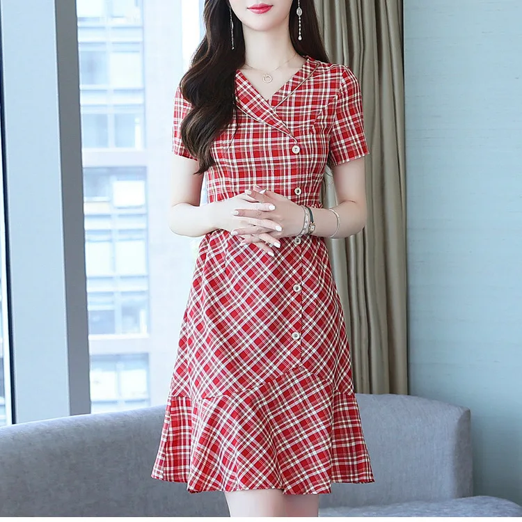 

Vintage Plaid Short Sleeve Ruffles Hem Dress Women 2022 Summer Female Fashion Office Lady Slim Fit Chiffon Long Party Dresses