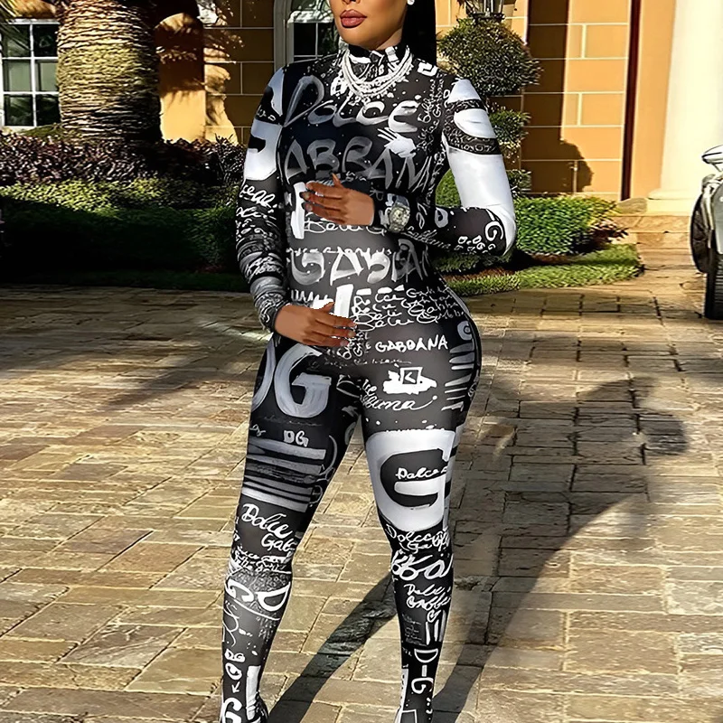 2023 Spring Personality Printed Jumpsuit Overalls for Women Skinny Turtleneck Full Sleeve Bodysuit Playsuits Streetwear