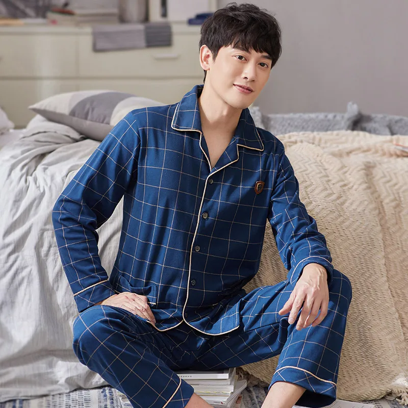 100% Cotton Pajamas for Men Plaid Gray Bedroom Lounge Sleepwear Pyjamas New Winter Home Clothes PJs Man's Pijama Hombre Invierno