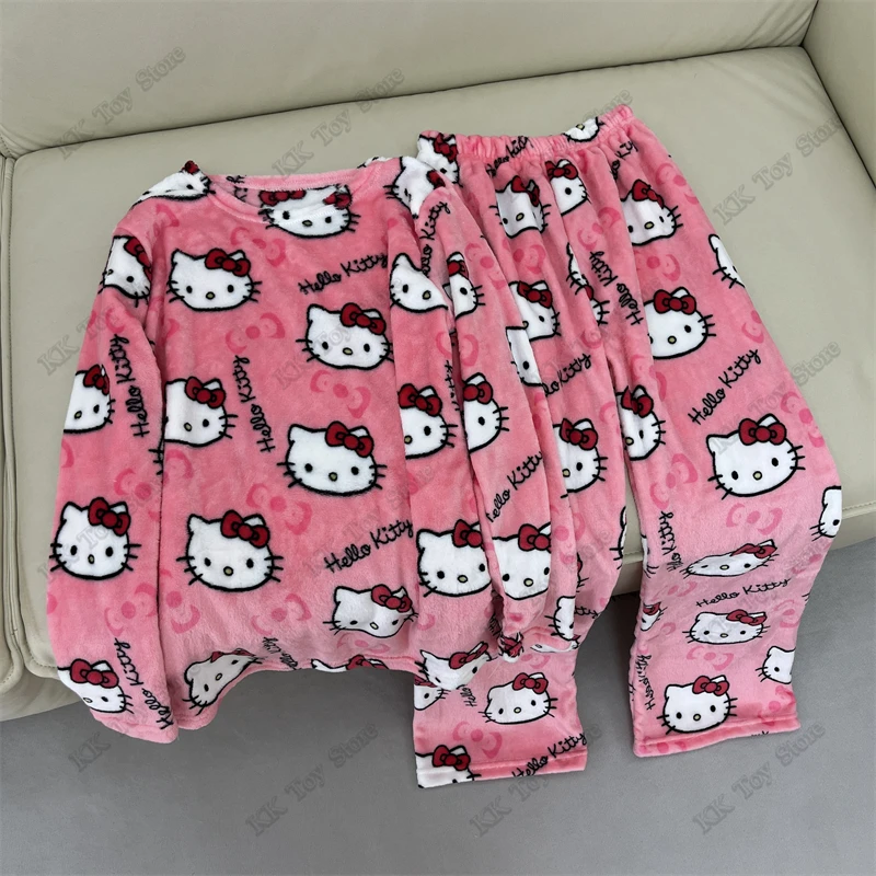Фланелевой пижамный комплект Hello Kitty Kawaii теплые шерстяные повседневные домашние