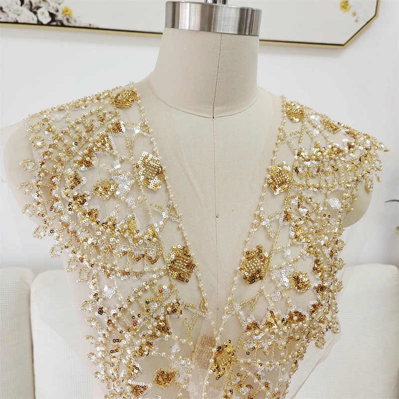 1 ярд Роскошная золотая вышивка Цветочная кружевная отделка нашивки для одежды