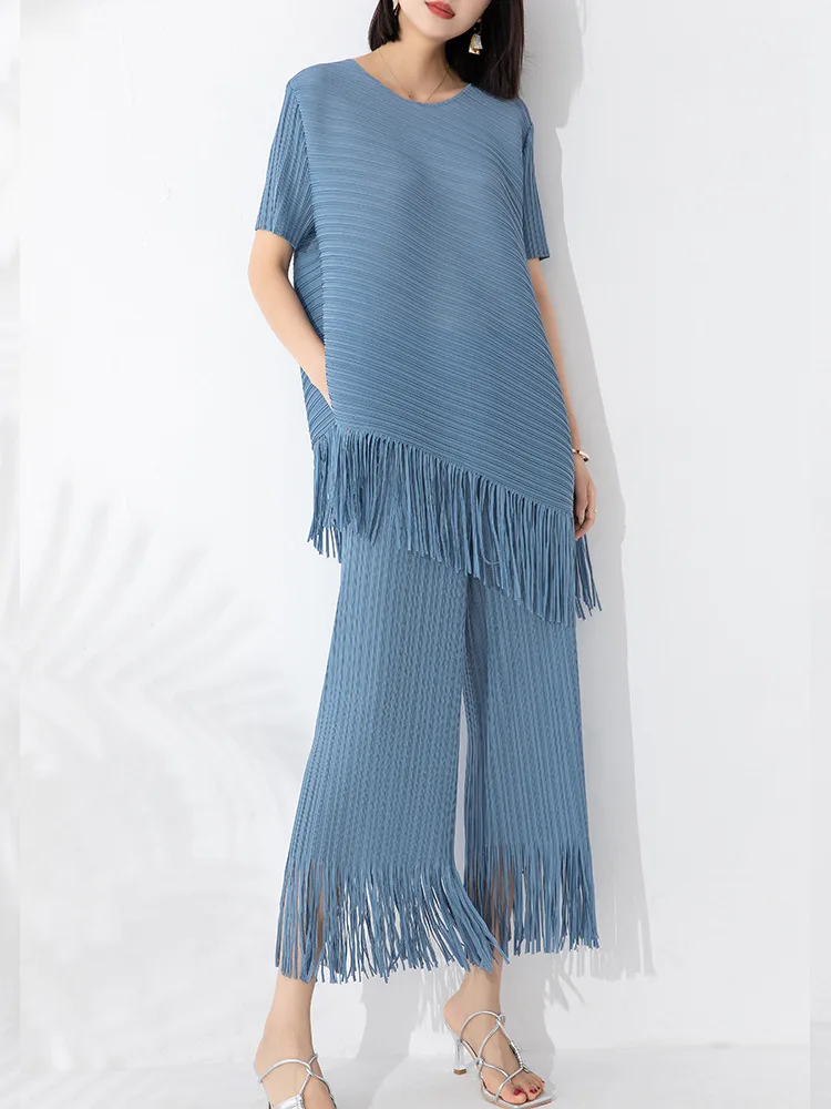 

Модный темпераментный костюм, женский топ с круглым вырезом и бахромой с высокой талией, широкие брюки с бахромой, комплект из двух предметов