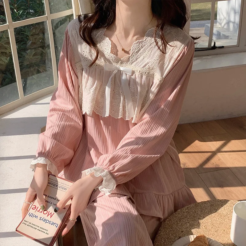 1 Spring and Autumn New Cotton Imitation Stripped Lace Pajamas Women's long sleeves can wear sweet two-piece suit home clothes