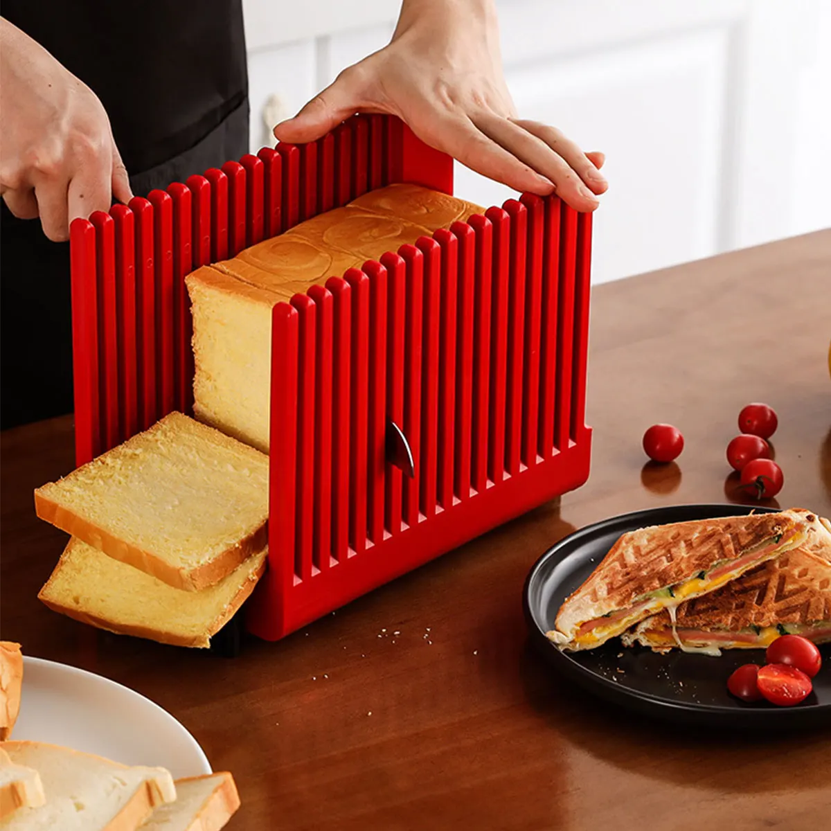 

Home Tool Guide Foldable Kitchen Rack Stand Bread Cutter Slicing Slicer Loaf Cutting Bread Toast Bakeware Gadgets Slicer