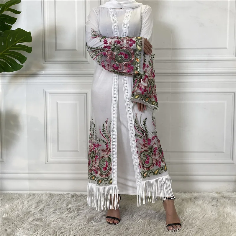 Muslim Open Abayas for Women Dubai Abaya Kimono Embroidery Mesh Cardigan Islam Modest Clothing Arabic Vetement Musulmane Femme