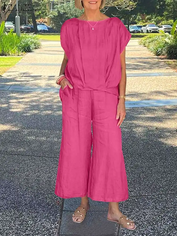 

ZANZEA Fashion Streetwear Suit Summer Casual Matching Set Short Sleeve O-Neck Blouse Wide Leg Pant Woman Solid Cotton Tracksuits