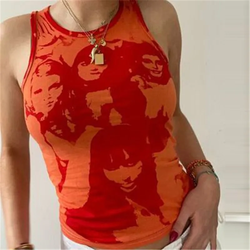 

Vsstiar Portrait Casual Tank Tops Vintage Off Shoulder Vest Y2K Summer Streetwear Fashion Plus Size Print Sexy Women Cropped Top