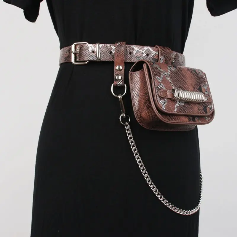 

New European And American Fashion Square Snake Pattern Women's Waist Bag Belt Metal Chain Decoration Mobile Phone Bag For Women
