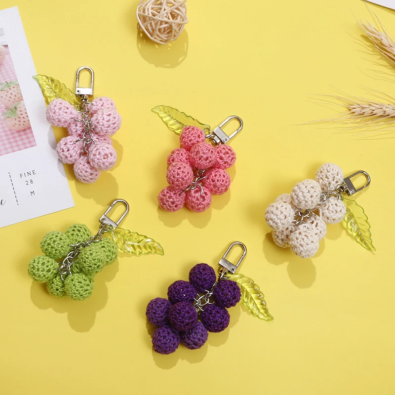 

Cute Women Keychain Knitting Purple Grape Keychain For Girls Gifts Handmaking Weaved Fruit Car Keyrings Keys Bag Accessories