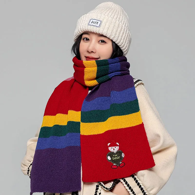 

Рождественский мультяшный медведь Радужный шарф цветной блокирующий вязаный полосатый шарф для пары шерстяной шарф контрастных цветов дл...