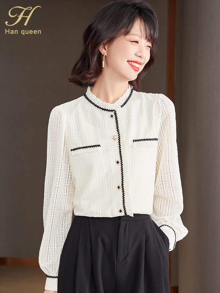 

H Han Queen 2022 Autumn Blusas Loose Long Sleeve Lace Blouse Work Casual Tops Korean Blouses Women's Colorblock Vintage Shirts