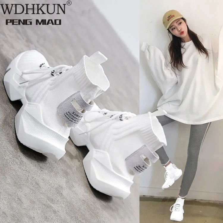 

Женские высокие кроссовки на платформе, Повседневные вязаные кроссовки на массивной подошве, размер 41, для осени, 2021