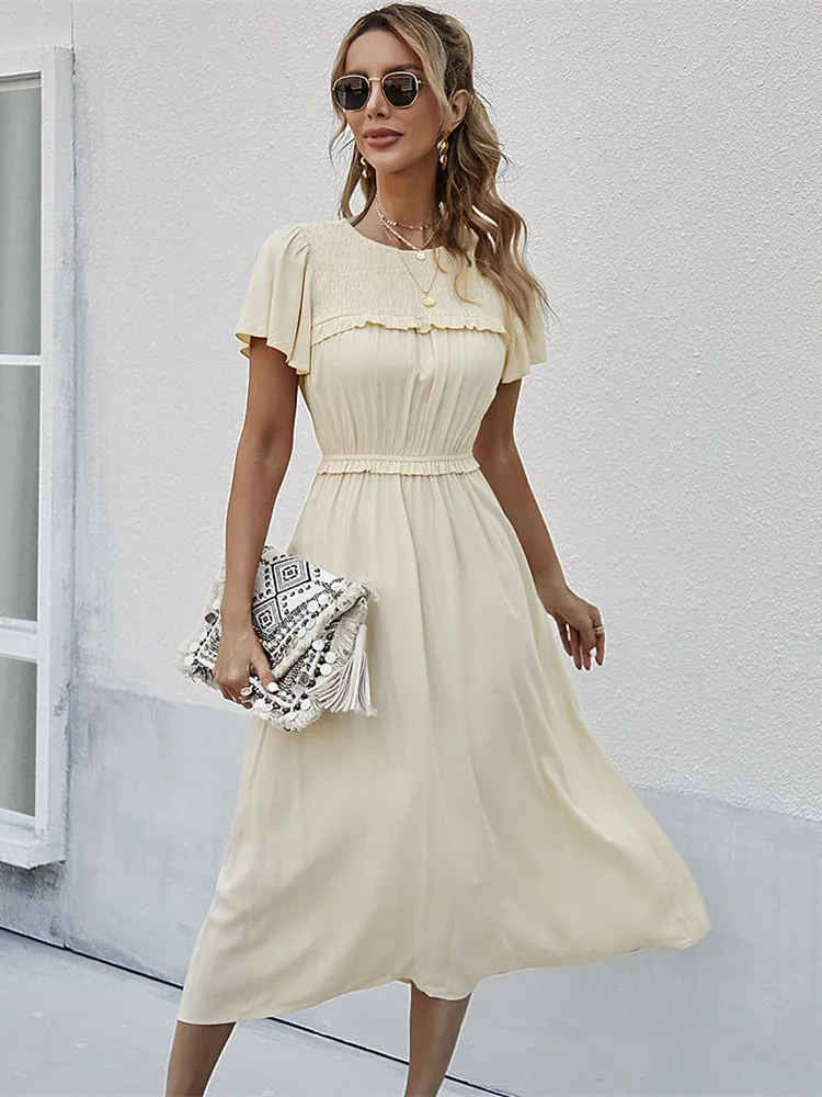 

Spring Summer Sweet Solid Dress Women Puff Short Sleeve O Neck High Waist Casual Long Dresses Ladies Holiday Style