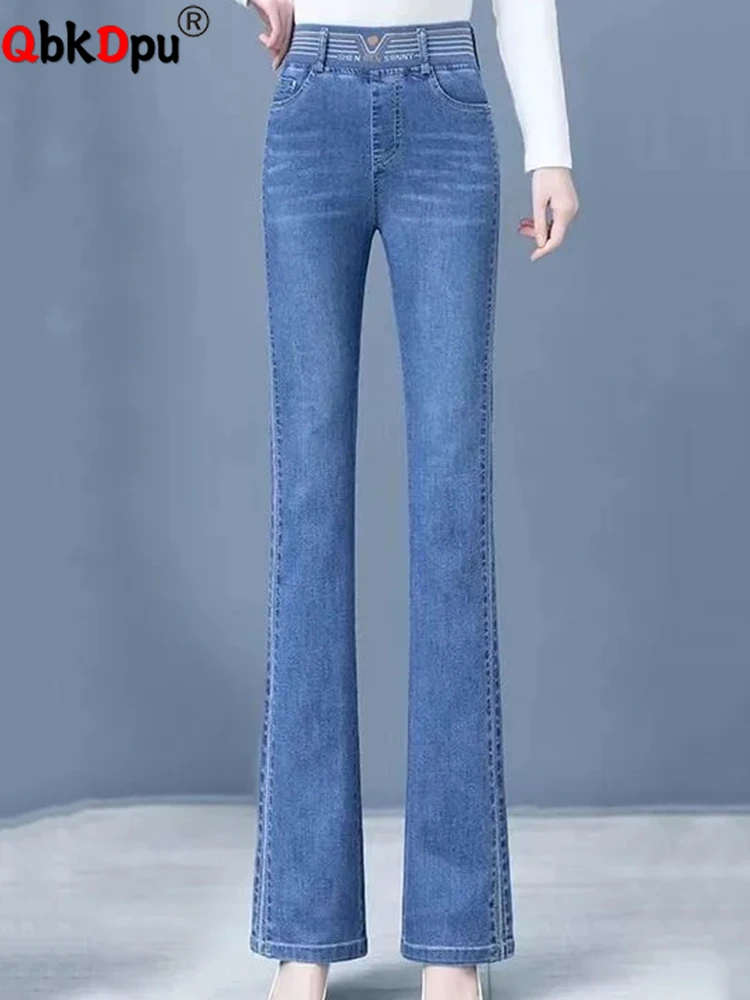 

Винтажные джинсы-клеш с высокой талией, прямые джинсовые брюки с вышивкой, женские брюки большого размера 4xl, эластичные повседневные облегающие джинсы
