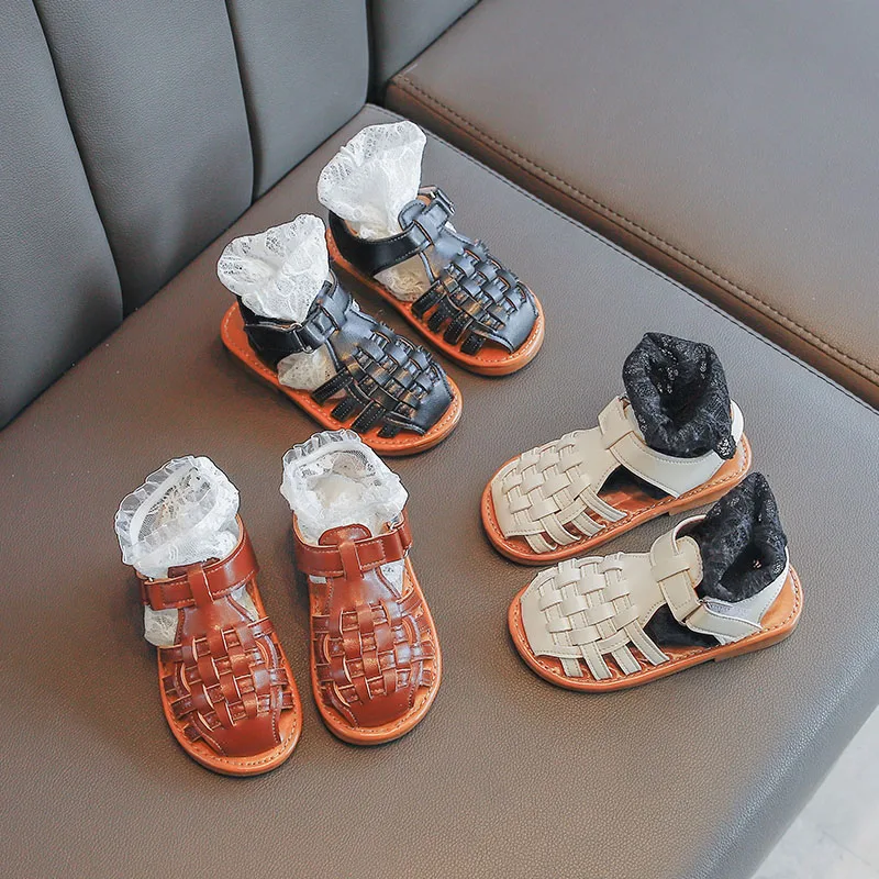 

Children's Covered Toes Sandals 2022 Summer Korean Girls Weave Princess Roman Baby Soft Bottom Hollow Beach Shoes for Boy Casual