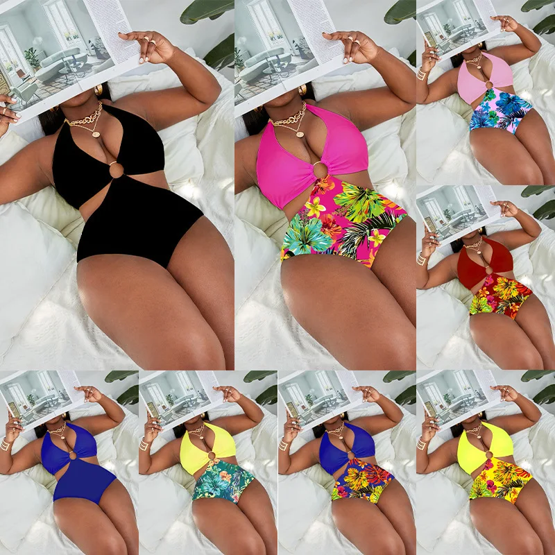2022New Halter Sexy Siamese plus Size Swimsuit Women's Covering Belly Thin Stylish Beach Swimsuit