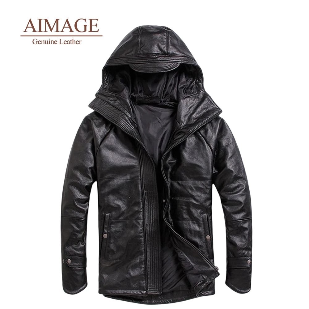 

Men Real Leather Jackets Warm Parka Zipper бомбер мужской Casual Chaquetas Hombre Hooded Thicken Motorcycle Jaquetas PY402