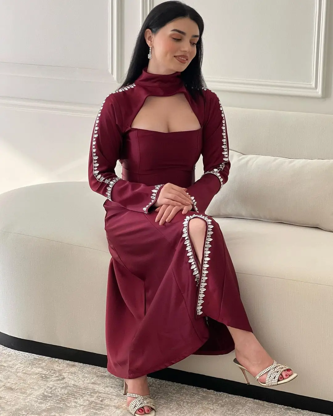 

Sexy Keyhole High Collar Abendkleider Prom Dresses 2023 Long Sleeves Handmade Crystal Side Slit Evening Party Bride Wear Gowns