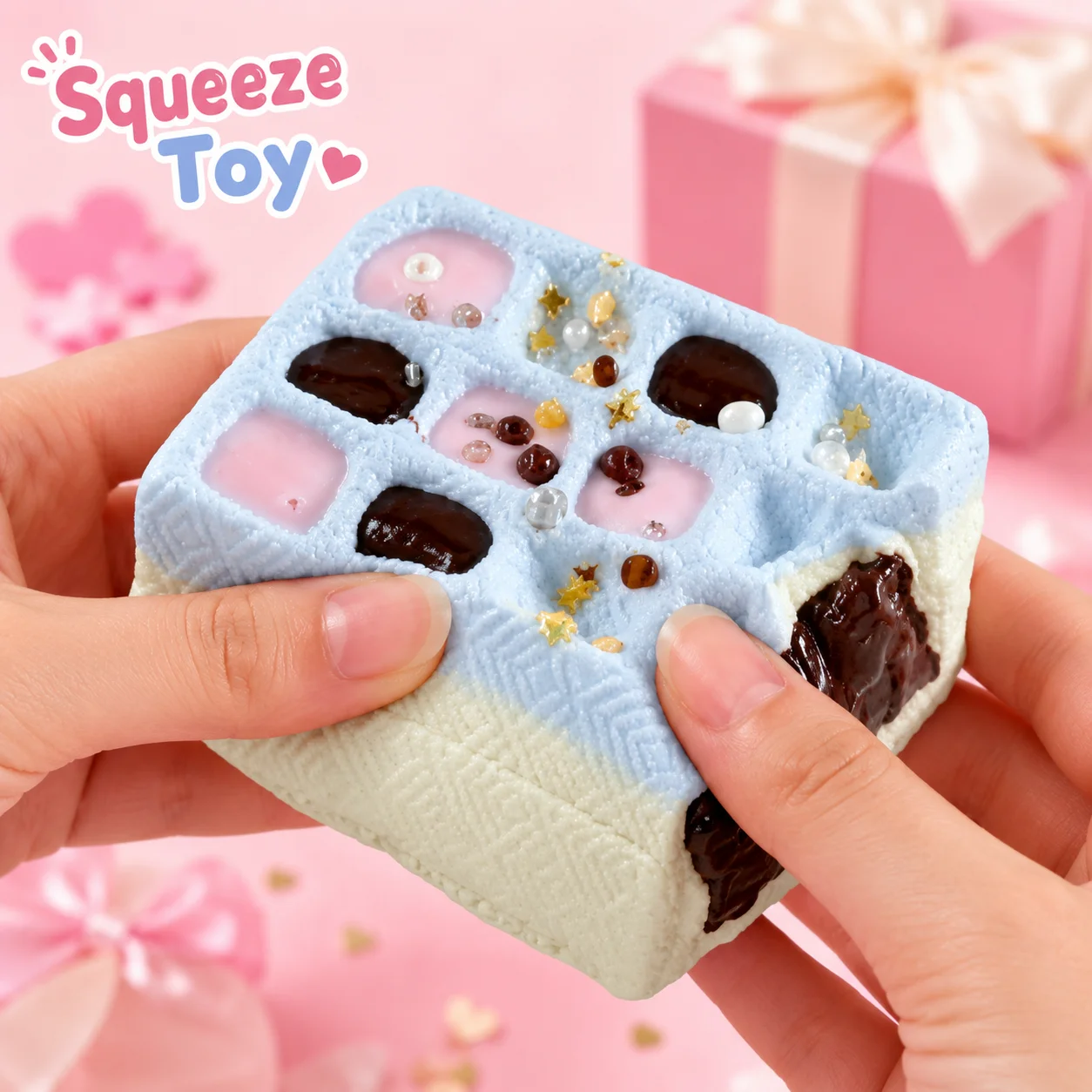 Фото Мягкая силиконовая игрушка-сквиш Kawaii Bite Square Pastry Mochi в форме шоколадного розового квадрата с сетчатым узором, пищевой силикон, для детей №3