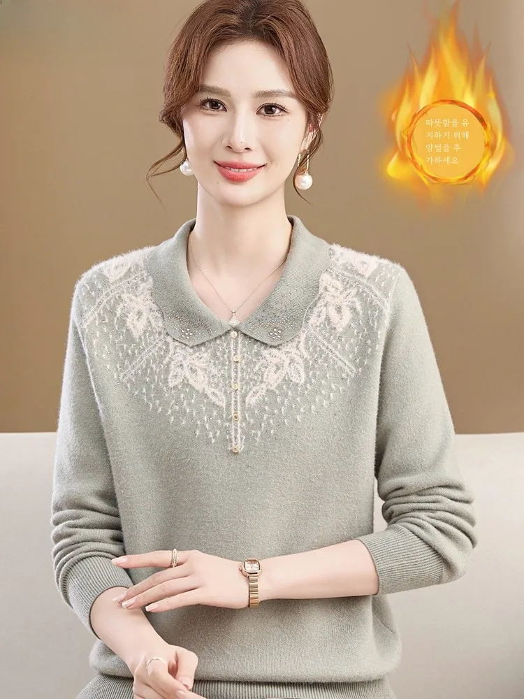 Middle-aged Women Dress Autumn and Winter Fleece-lined Thickened Sweater Foreign Temperament Middle-Aged Lapel Top One-...