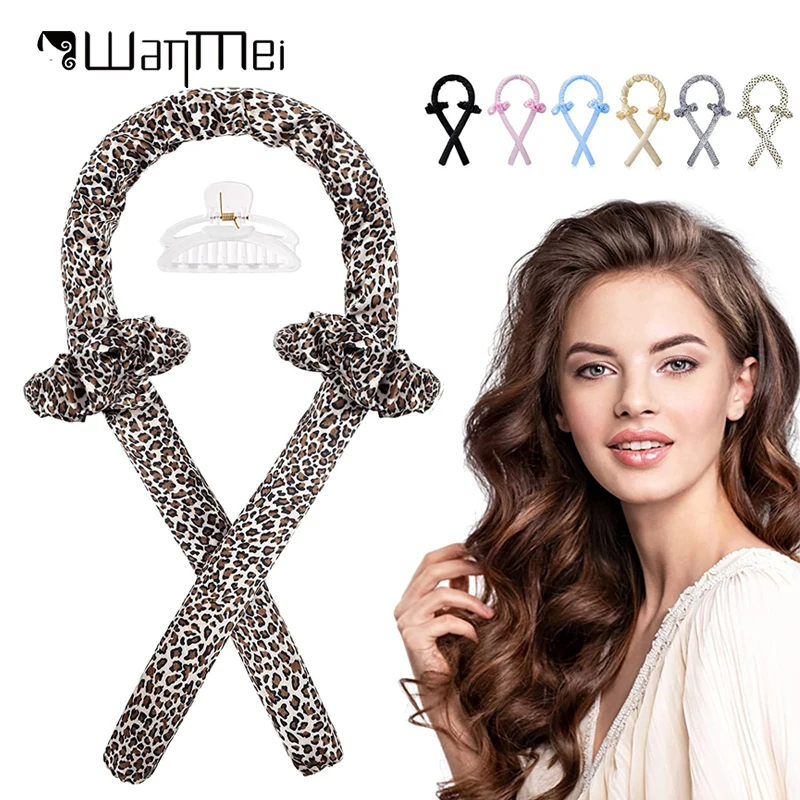 Heatless Curling Rod Headband No Heat Curlers Hair Rollers to Sleep in Curl Ribbon with Scrunchies Hair Clips Overnight Leopard