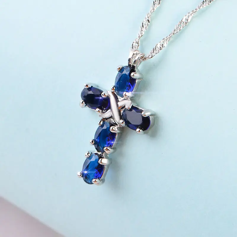 

2022 New Simple Elegant Dark Blue Zircon Cross Necklace for Woman Titanium Steel Chain Blue Zircon Necklace Pendant Gift Jewelry