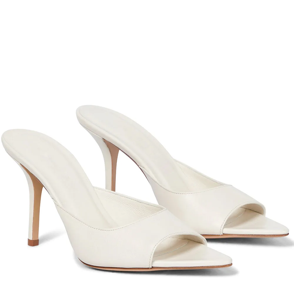 2023 Summer New Women's Pointed Toe High Heel Mules Sandals Brown PU Leather Slippers Ladies Large Size Black White Shoes Slides