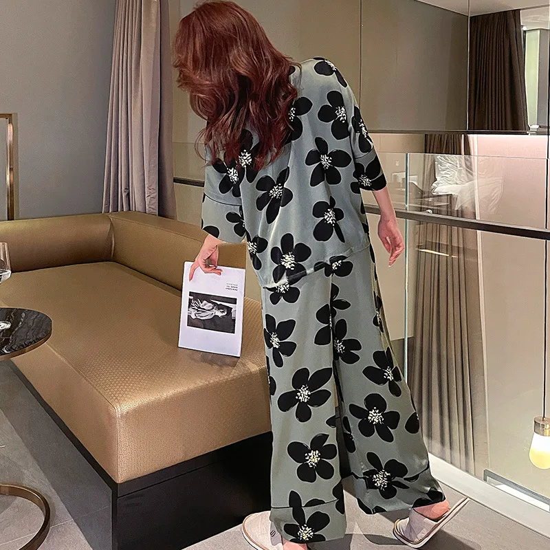 Vintage Clothes Women Clothing 2 Pieces Set Silk Satin Set Women Flower Luxury Designer Outfits Loungewear