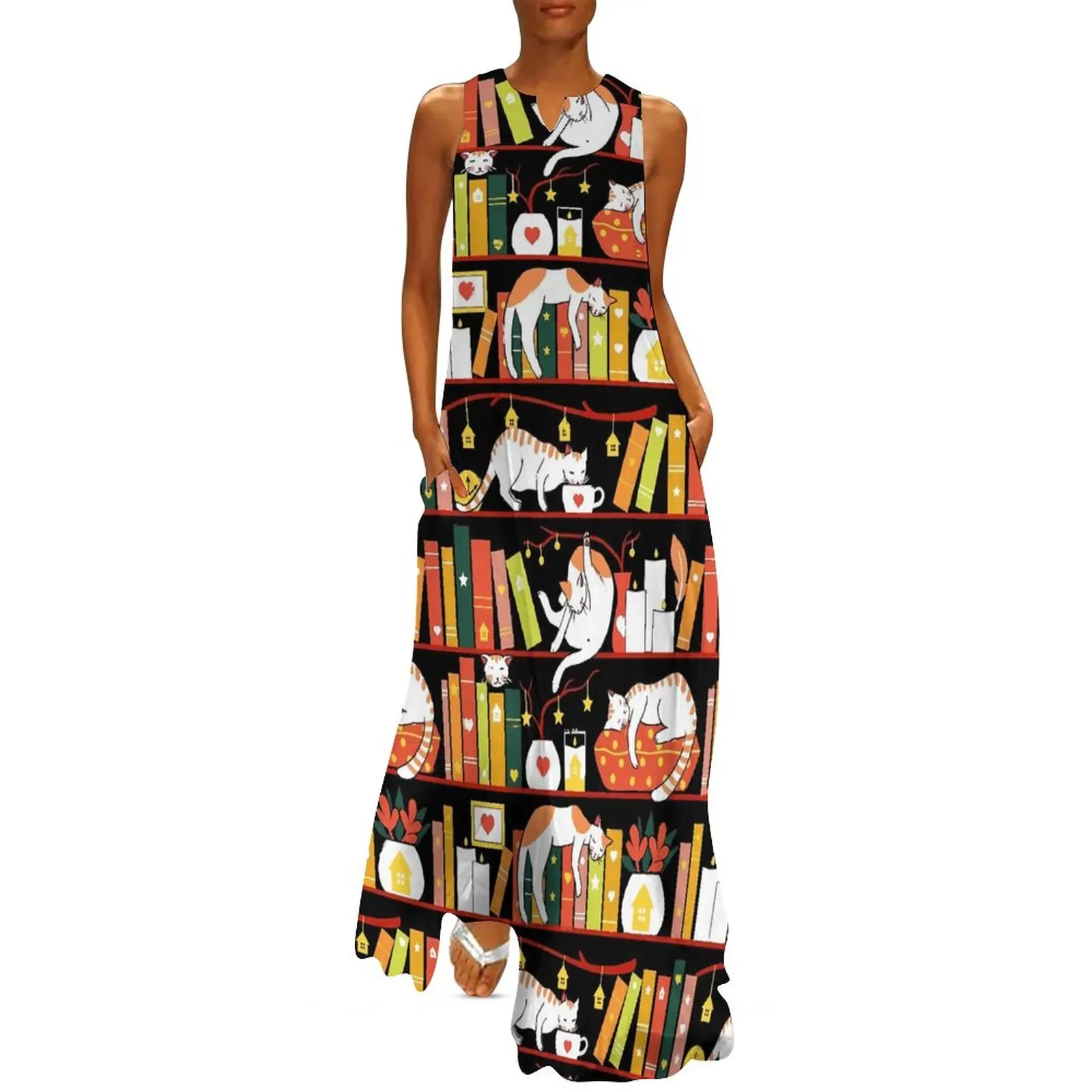 

Library Cats Dress Autumn Colour Version Elegant Maxi Dress Sleeveless Print Bohemia Long Dresses Street Style Oversize Clothes